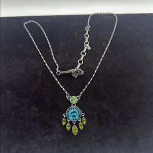 Vintage Givenchy Silver Tone Pendant Necklace Blue & Green Accents 16.5”